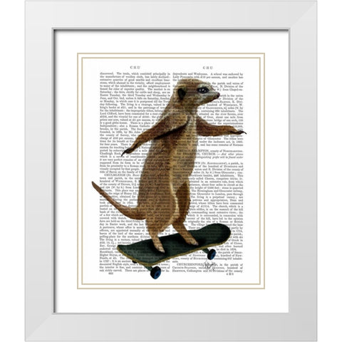 Meerkat On Skateboard White Modern Wood Framed Art Print with Double Matting by Fab Funky