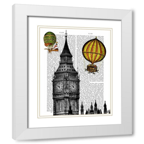 Big Ben and Vintage Hot Air Balloons White Modern Wood Framed Art Print with Double Matting by Fab Funky