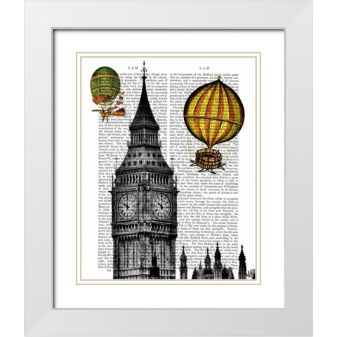 Big Ben and Vintage Hot Air Balloons White Modern Wood Framed Art Print with Double Matting by Fab Funky