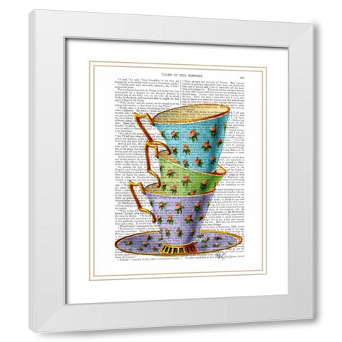 Stack Of Three Vintage Teacups White Modern Wood Framed Art Print with Double Matting by Fab Funky