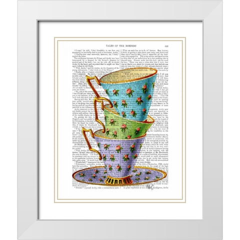 Stack Of Three Vintage Teacups White Modern Wood Framed Art Print with Double Matting by Fab Funky