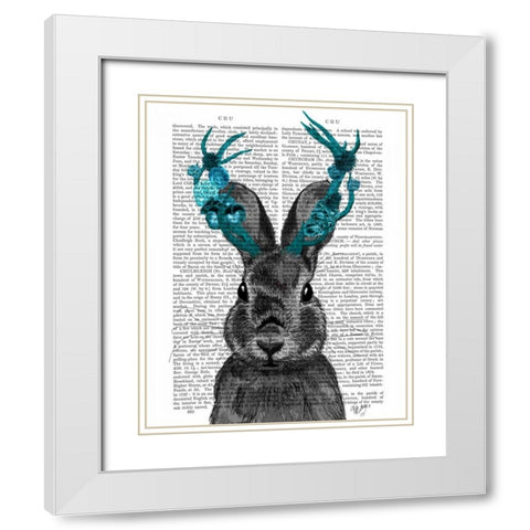 Jackalope with Turquoise Antlers White Modern Wood Framed Art Print with Double Matting by Fab Funky