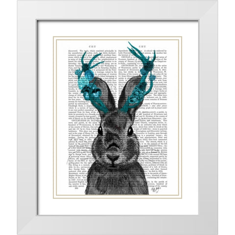 Jackalope with Turquoise Antlers White Modern Wood Framed Art Print with Double Matting by Fab Funky