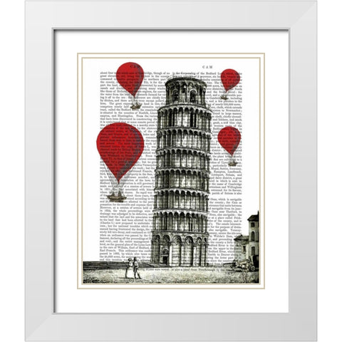 Tower of Pisa and Red Hot Air Balloons White Modern Wood Framed Art Print with Double Matting by Fab Funky