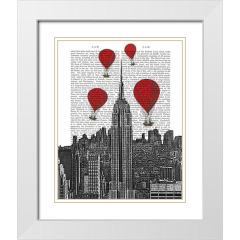 Empire State Building and Red Hot Air Balloons White Modern Wood Framed Art Print with Double Matting by Fab Funky