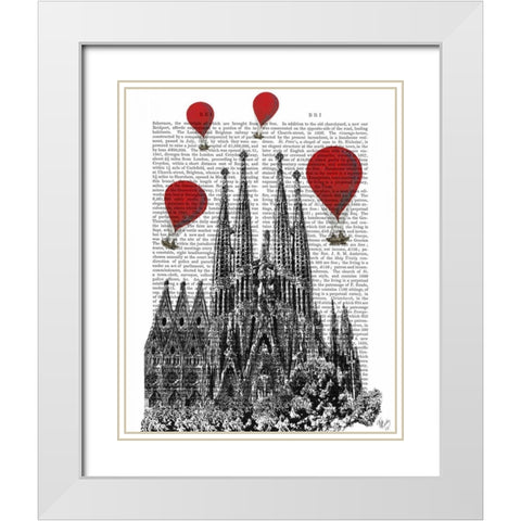 Sagrada Familia and Red Hot Air Balloons White Modern Wood Framed Art Print with Double Matting by Fab Funky