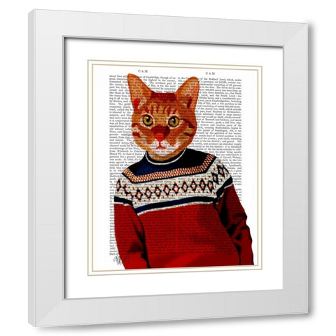Cat in Ski Sweater White Modern Wood Framed Art Print with Double Matting by Fab Funky