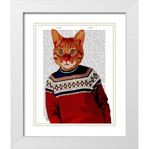 Cat in Ski Sweater White Modern Wood Framed Art Print with Double Matting by Fab Funky