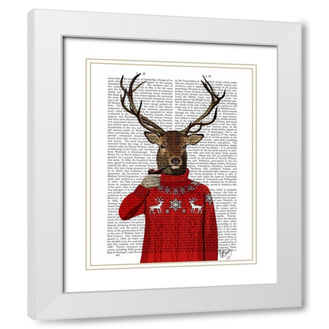Deer in Ski Sweater White Modern Wood Framed Art Print with Double Matting by Fab Funky