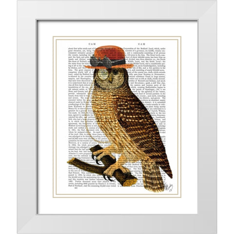 Owl with Steampunk Style Bowler Hat White Modern Wood Framed Art Print with Double Matting by Fab Funky
