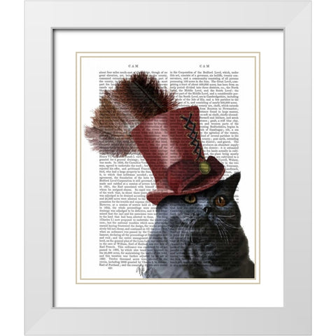 Grey Cat With Steampunk Top Hat White Modern Wood Framed Art Print with Double Matting by Fab Funky