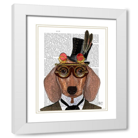 Dachshund with Top Hat and Goggles White Modern Wood Framed Art Print with Double Matting by Fab Funky
