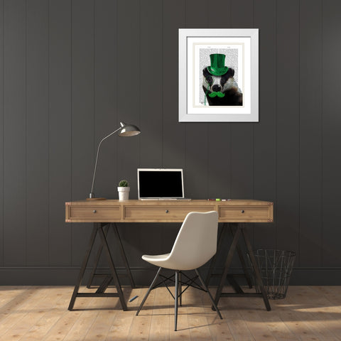 Badger with Green Top Hat and Moustache White Modern Wood Framed Art Print with Double Matting by Fab Funky