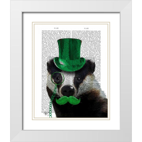 Badger with Green Top Hat and Moustache White Modern Wood Framed Art Print with Double Matting by Fab Funky