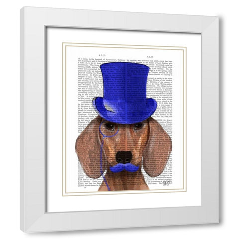 Dachshund With Blue Top Hat and Blue Moustache White Modern Wood Framed Art Print with Double Matting by Fab Funky