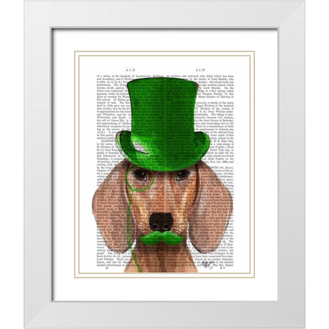 Dachshund With Green Top Hat and Moustache White Modern Wood Framed Art Print with Double Matting by Fab Funky
