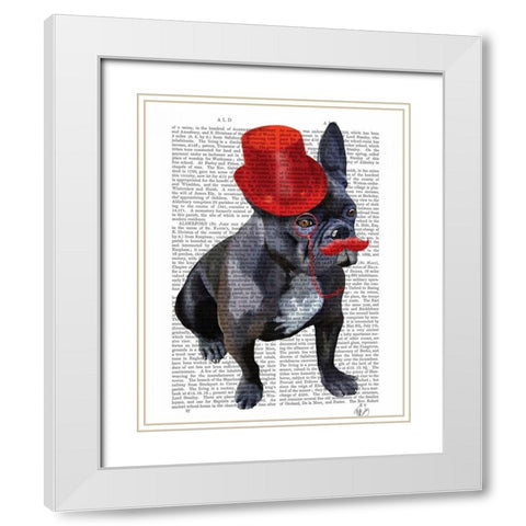 French Bulldog With Red Top Hat and Moustache White Modern Wood Framed Art Print with Double Matting by Fab Funky
