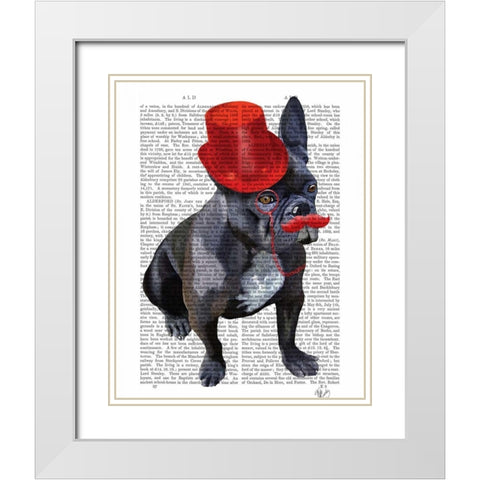 French Bulldog With Red Top Hat and Moustache White Modern Wood Framed Art Print with Double Matting by Fab Funky
