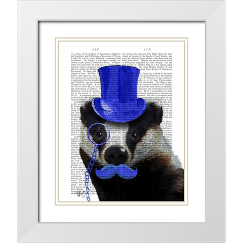 Badger with Blue Top Hat and Moustache White Modern Wood Framed Art Print with Double Matting by Fab Funky