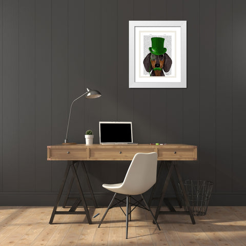 Dachshund with Green Top Hat Black Tan White Modern Wood Framed Art Print with Double Matting by Fab Funky