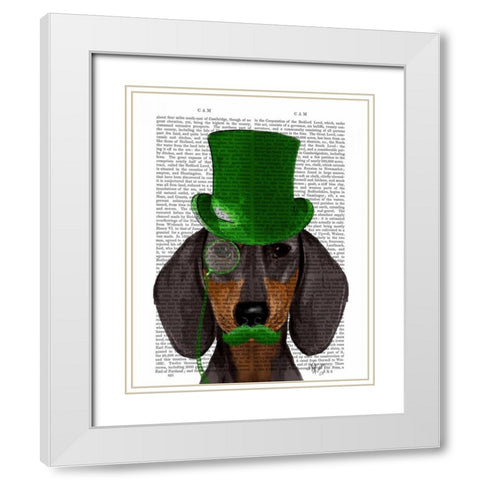 Dachshund with Green Top Hat Black Tan White Modern Wood Framed Art Print with Double Matting by Fab Funky