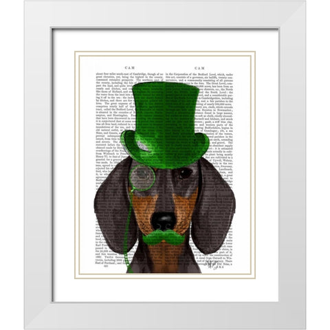 Dachshund with Green Top Hat Black Tan White Modern Wood Framed Art Print with Double Matting by Fab Funky