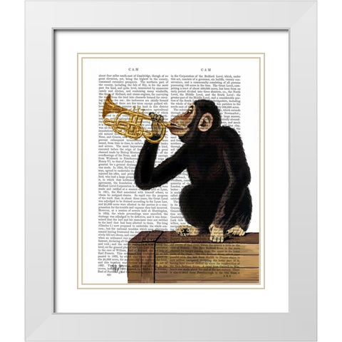 Monkey Playing Trumpet White Modern Wood Framed Art Print with Double Matting by Fab Funky