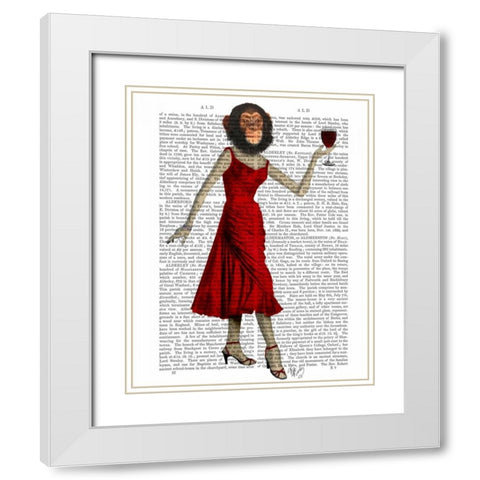 Chimp With Wine White Modern Wood Framed Art Print with Double Matting by Fab Funky
