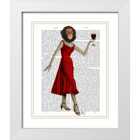 Chimp With Wine White Modern Wood Framed Art Print with Double Matting by Fab Funky