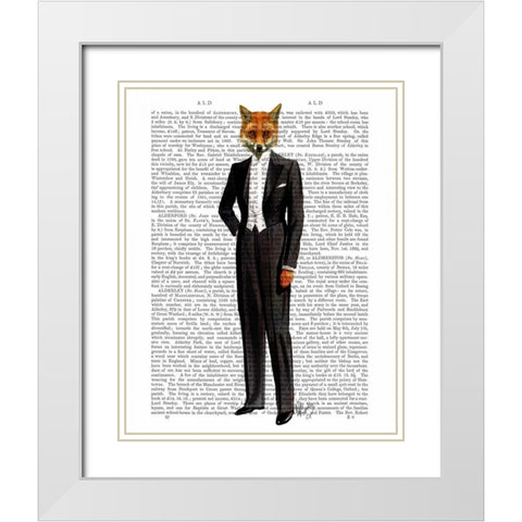 Fox In Evening Suit Full White Modern Wood Framed Art Print with Double Matting by Fab Funky