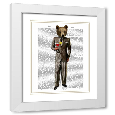 Bear with Cocktail White Modern Wood Framed Art Print with Double Matting by Fab Funky