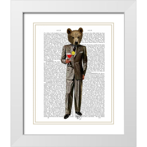 Bear with Cocktail White Modern Wood Framed Art Print with Double Matting by Fab Funky