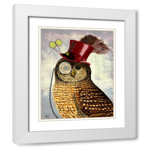 Owl With Top Hat White Modern Wood Framed Art Print with Double Matting by Fab Funky
