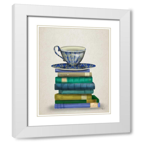 Teacup and Books White Modern Wood Framed Art Print with Double Matting by Fab Funky
