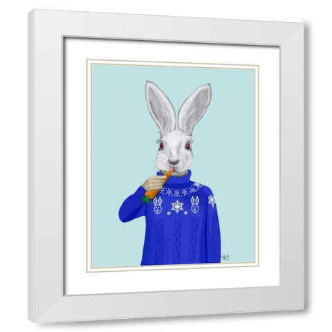 Rabbit In Sweater White Modern Wood Framed Art Print with Double Matting by Fab Funky