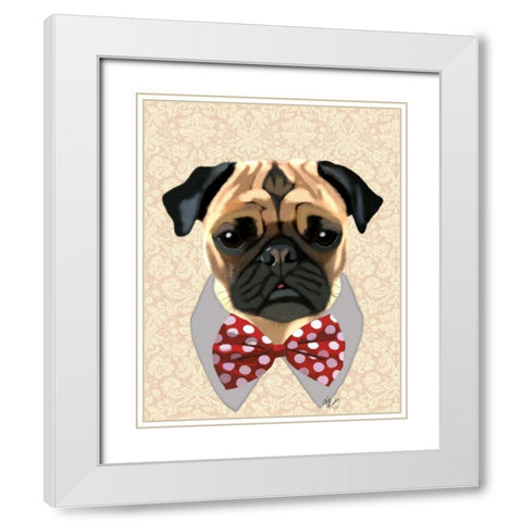 Pug with Red and White Spotty Bow Tie White Modern Wood Framed Art Print with Double Matting by Fab Funky