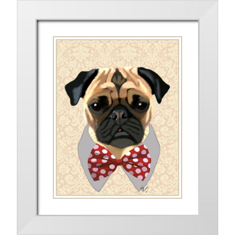 Pug with Red and White Spotty Bow Tie White Modern Wood Framed Art Print with Double Matting by Fab Funky
