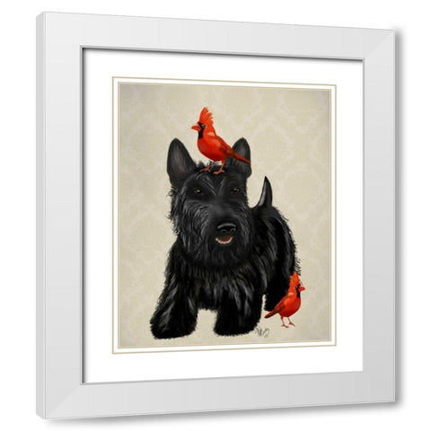 Scottie Dog and Red Birds White Modern Wood Framed Art Print with Double Matting by Fab Funky