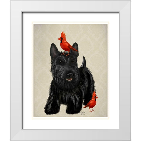 Scottie Dog and Red Birds White Modern Wood Framed Art Print with Double Matting by Fab Funky
