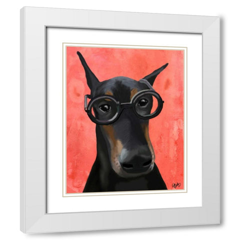 Doberman With Glasses White Modern Wood Framed Art Print with Double Matting by Fab Funky