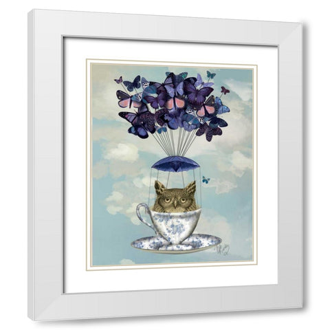 Owl In Teacup White Modern Wood Framed Art Print with Double Matting by Fab Funky