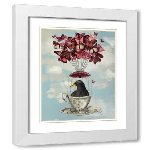 Blackbird In Teacup White Modern Wood Framed Art Print with Double Matting by Fab Funky
