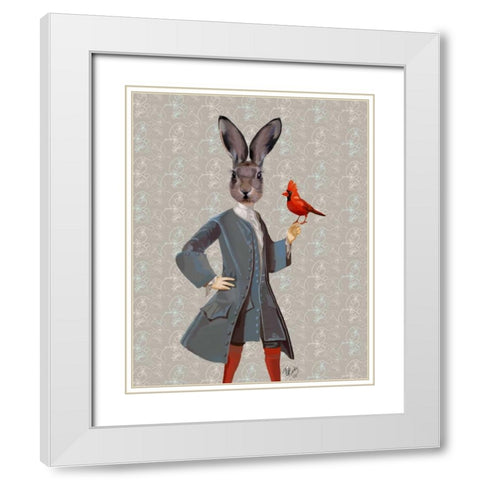 Rabbit And Bird White Modern Wood Framed Art Print with Double Matting by Fab Funky