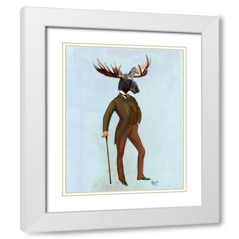 Moose In Suit Full White Modern Wood Framed Art Print with Double Matting by Fab Funky