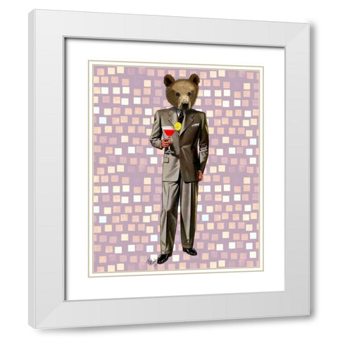 Bear With Cocktail White Modern Wood Framed Art Print with Double Matting by Fab Funky