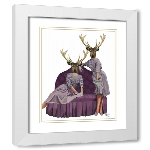 Deer Twins in Purple Dresses White Modern Wood Framed Art Print with Double Matting by Fab Funky