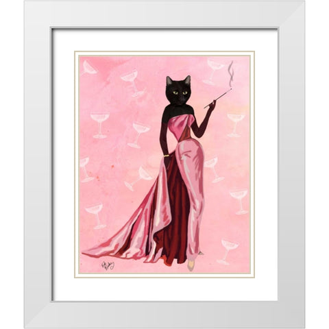 Glamour Cat in Pink White Modern Wood Framed Art Print with Double Matting by Fab Funky