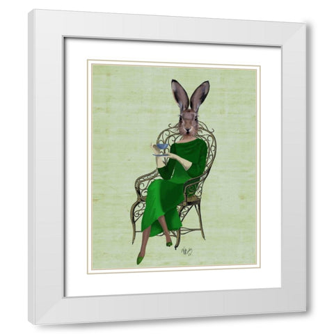 Lady Bella Rabbit Taking Tea White Modern Wood Framed Art Print with Double Matting by Fab Funky