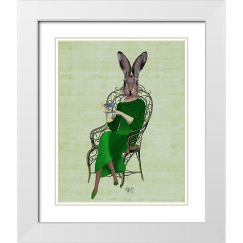 Lady Bella Rabbit Taking Tea White Modern Wood Framed Art Print with Double Matting by Fab Funky