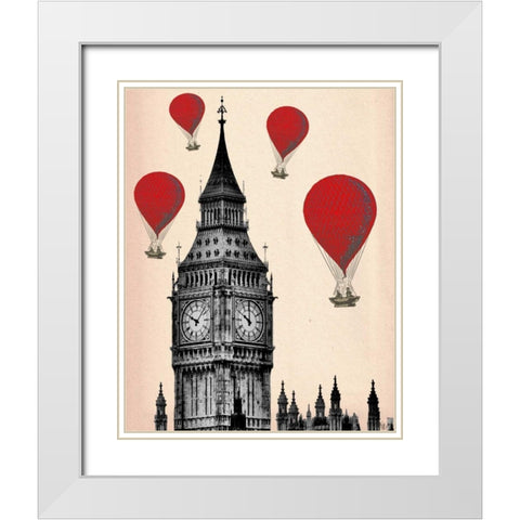 Big Ben and Red Hot Air Balloons White Modern Wood Framed Art Print with Double Matting by Fab Funky